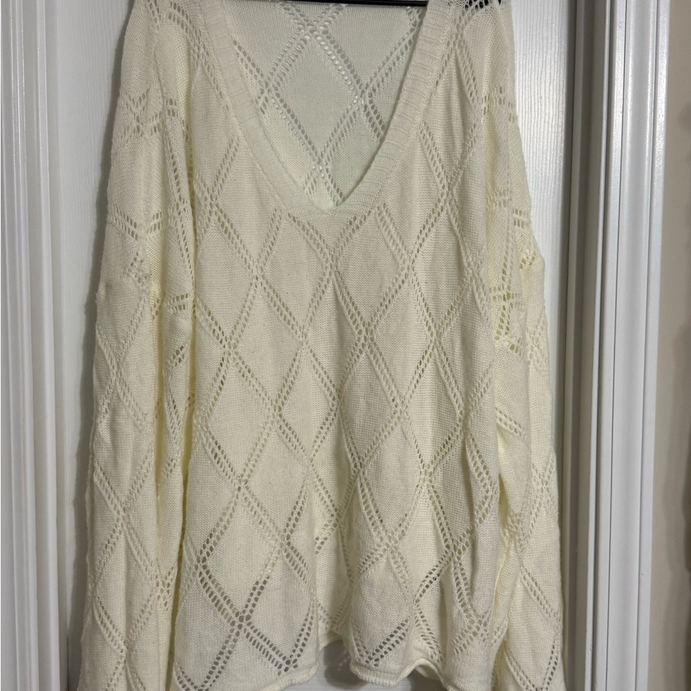 SHEIN Cream Open-Knit V-Neck Sweater